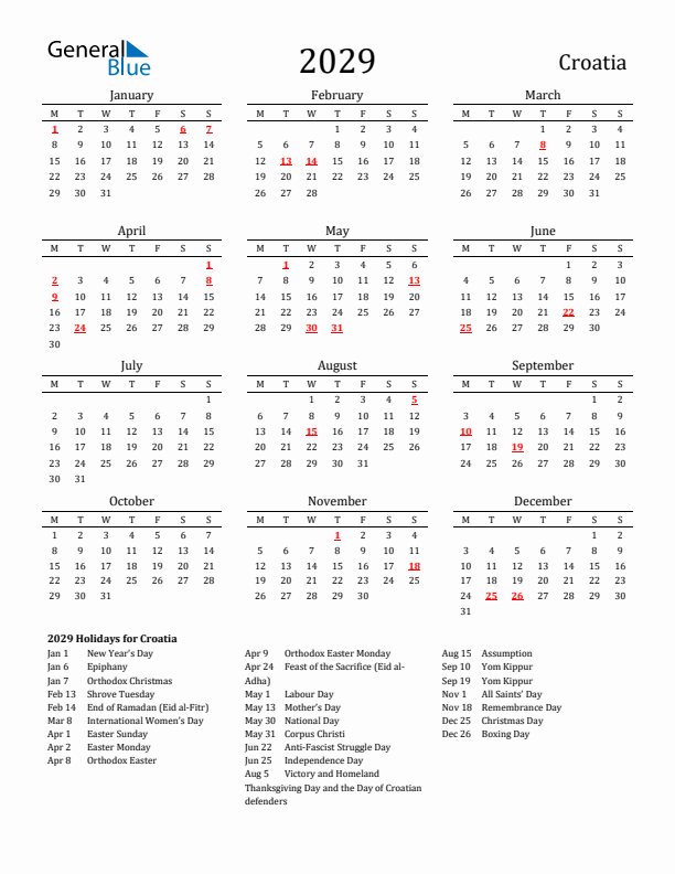 Croatia Holidays Calendar for 2029