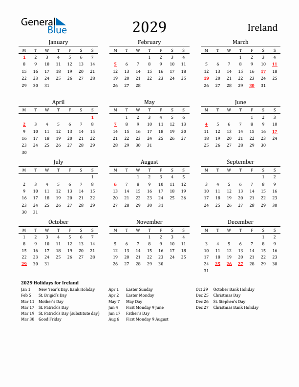 Ireland Holidays Calendar for 2029