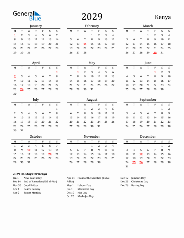 Kenya Holidays Calendar for 2029
