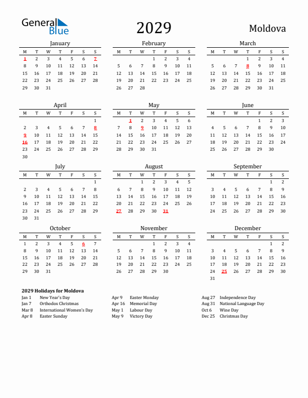 Moldova Holidays Calendar for 2029