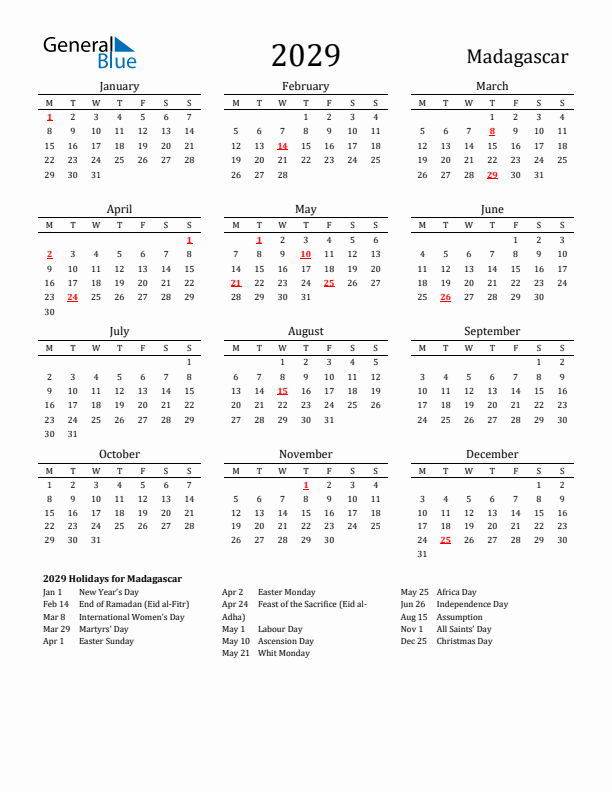 Madagascar Holidays Calendar for 2029