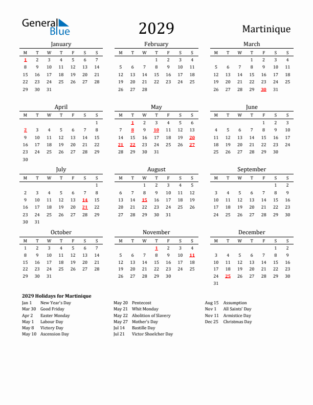 Martinique Holidays Calendar for 2029
