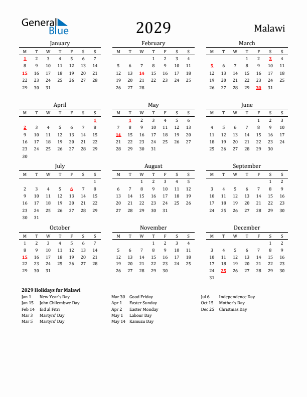 Malawi Holidays Calendar for 2029