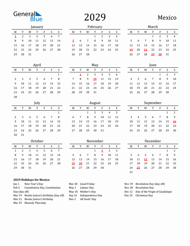 Mexico Holidays Calendar for 2029