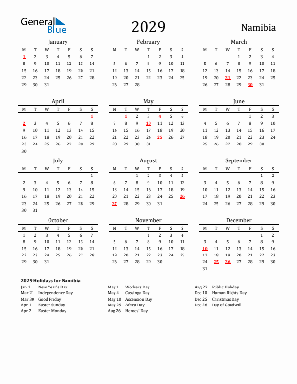 Namibia Holidays Calendar for 2029