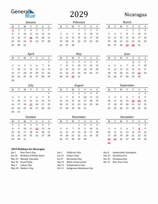 Nicaragua Holidays Calendar for 2029