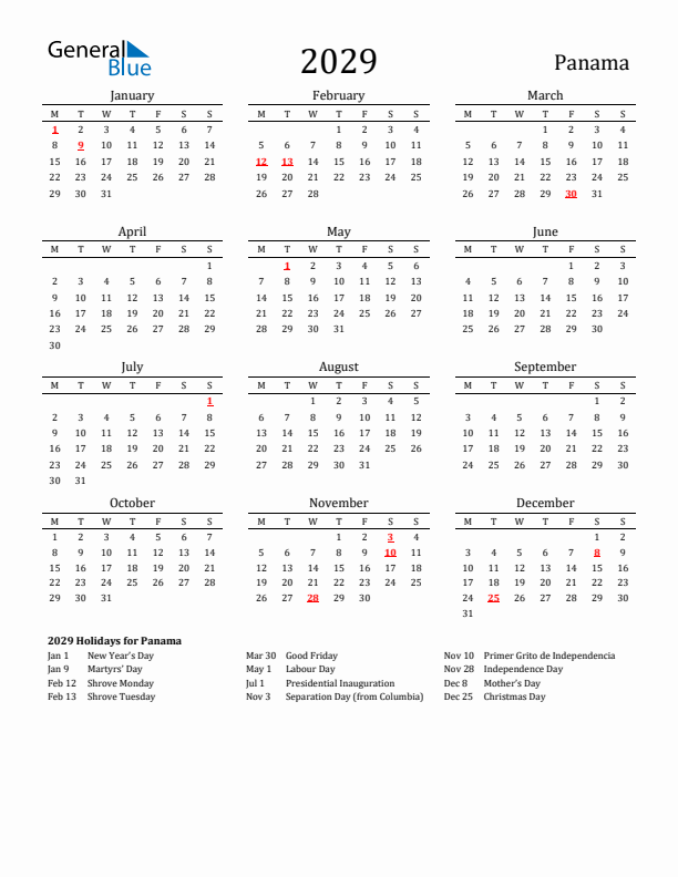 Panama Holidays Calendar for 2029