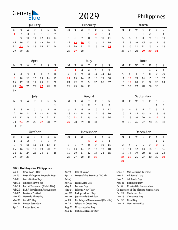 Philippines Holidays Calendar for 2029