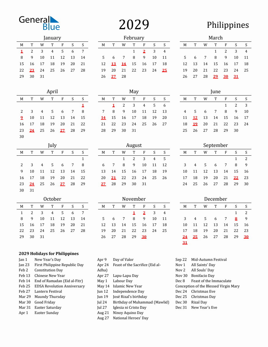 Free Philippines Holidays Calendar for Year 2029