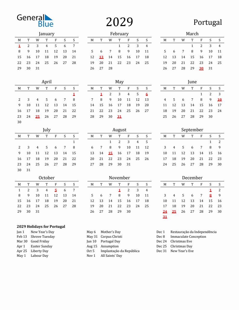 Free Portugal Holidays Calendar for Year 2029