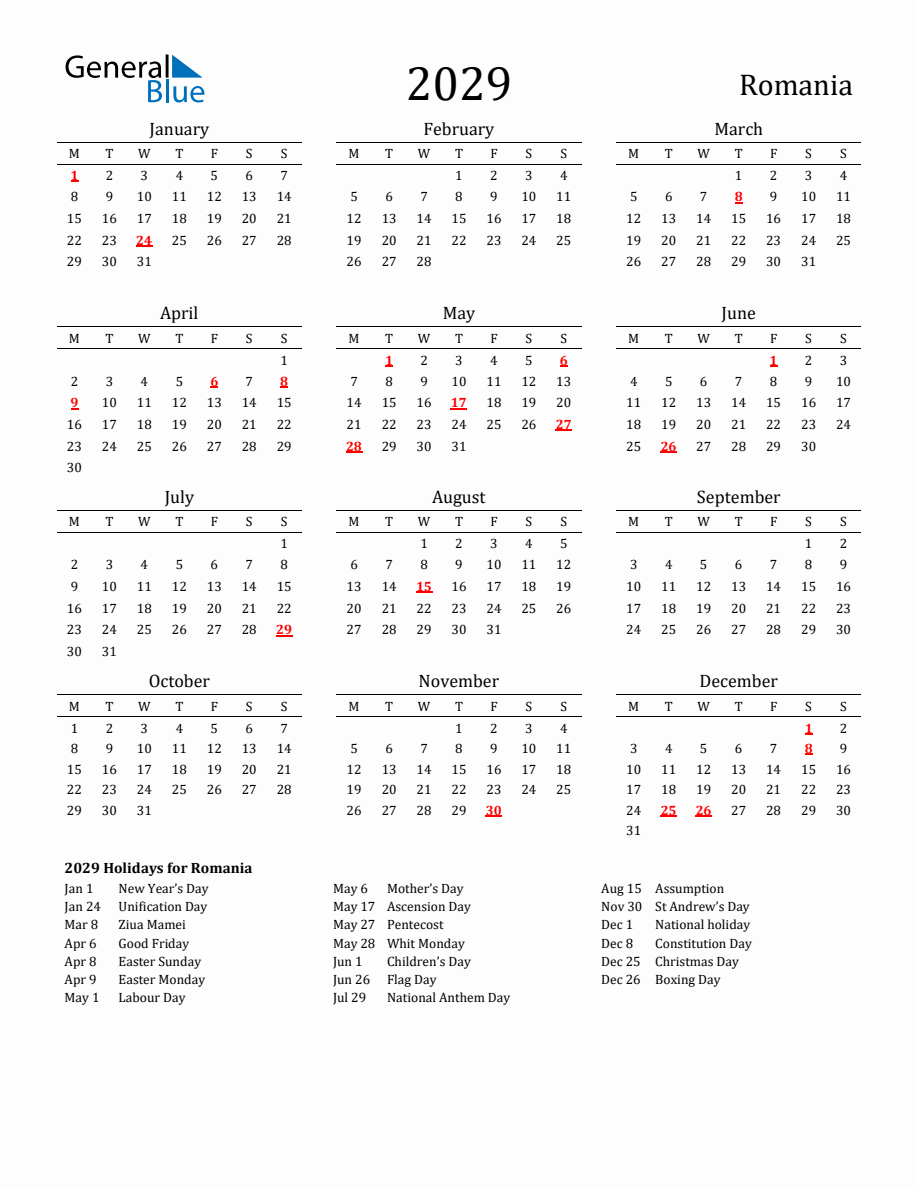 Free Romania Holidays Calendar for Year 2029