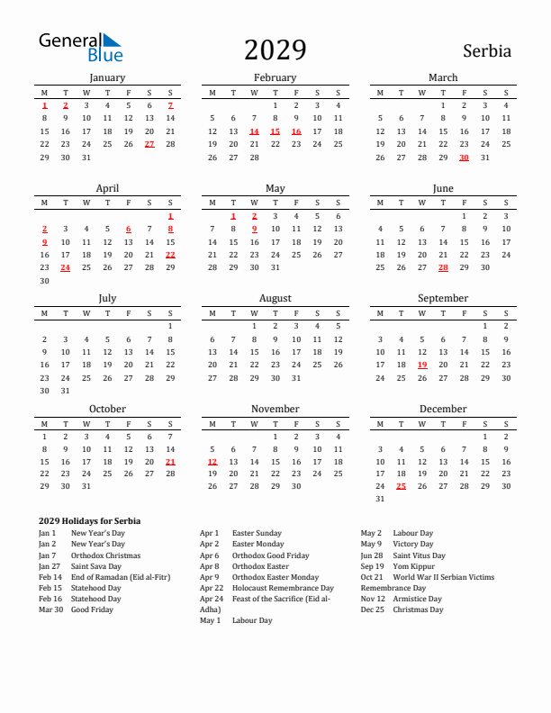 Serbia Holidays Calendar for 2029