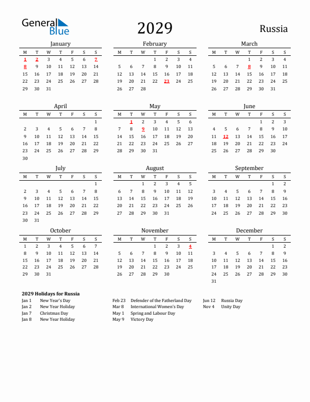Russia Holidays Calendar for 2029