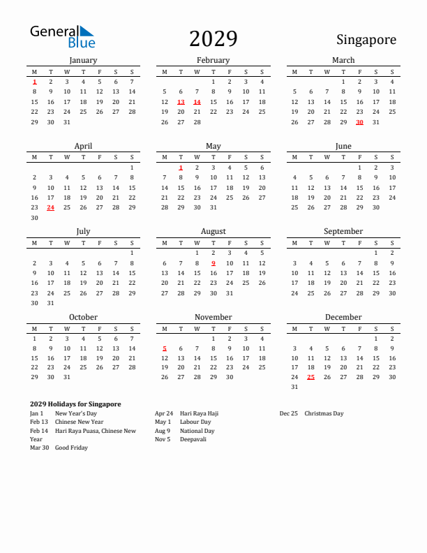 Singapore Holidays Calendar for 2029