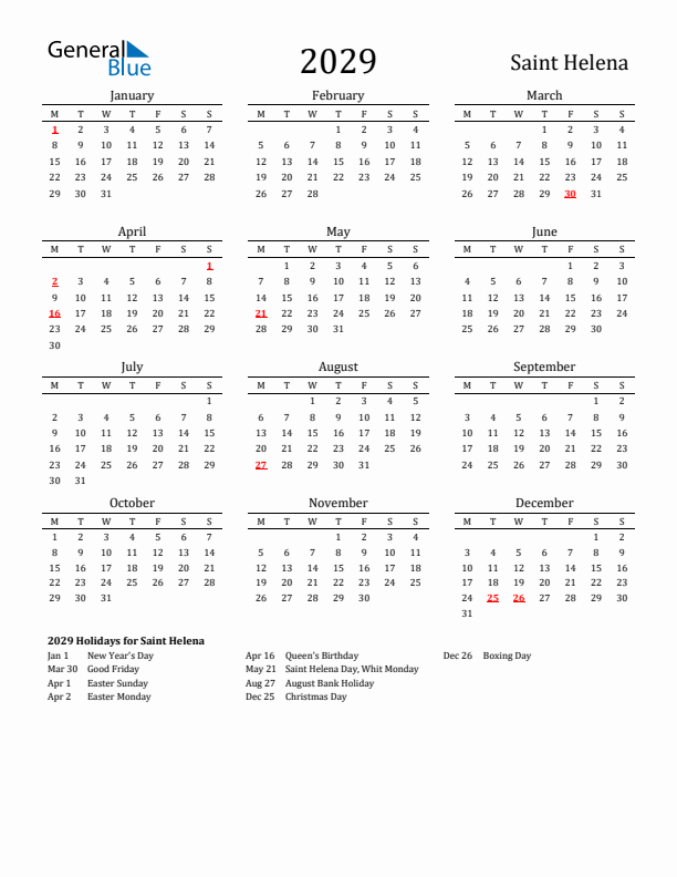 Saint Helena Holidays Calendar for 2029