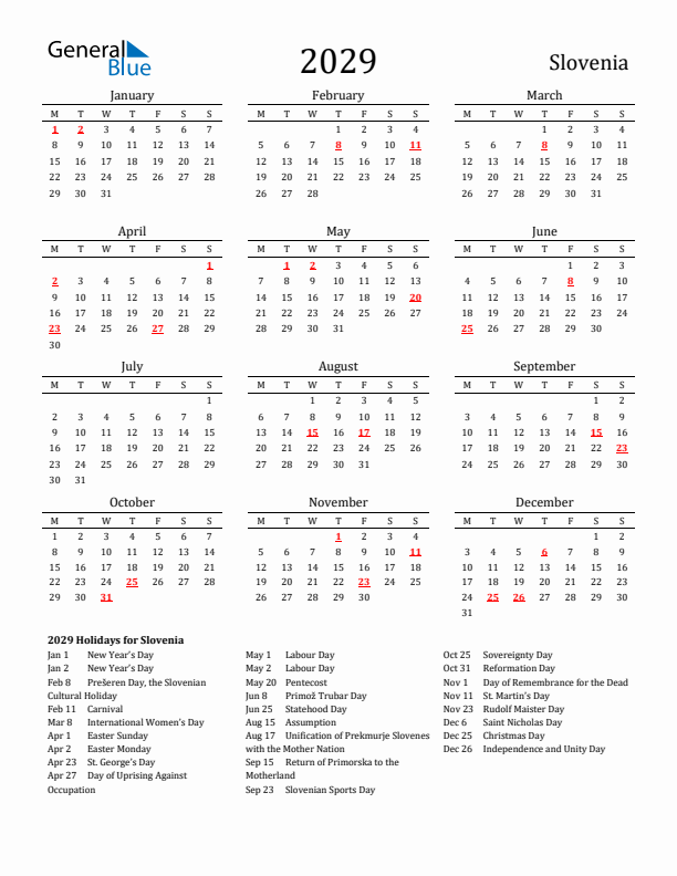 Slovenia Holidays Calendar for 2029