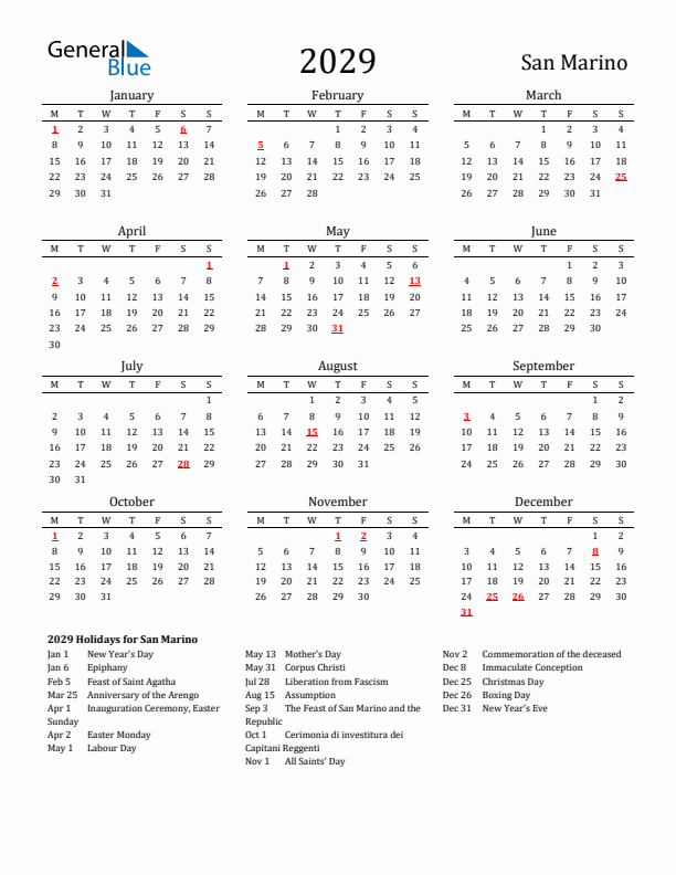 San Marino Holidays Calendar for 2029