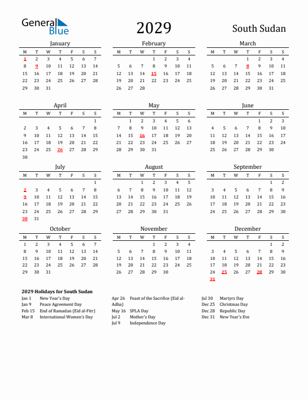 South Sudan Holidays Calendar for 2029