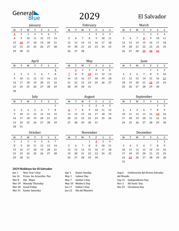 El Salvador Holidays Calendar for 2029