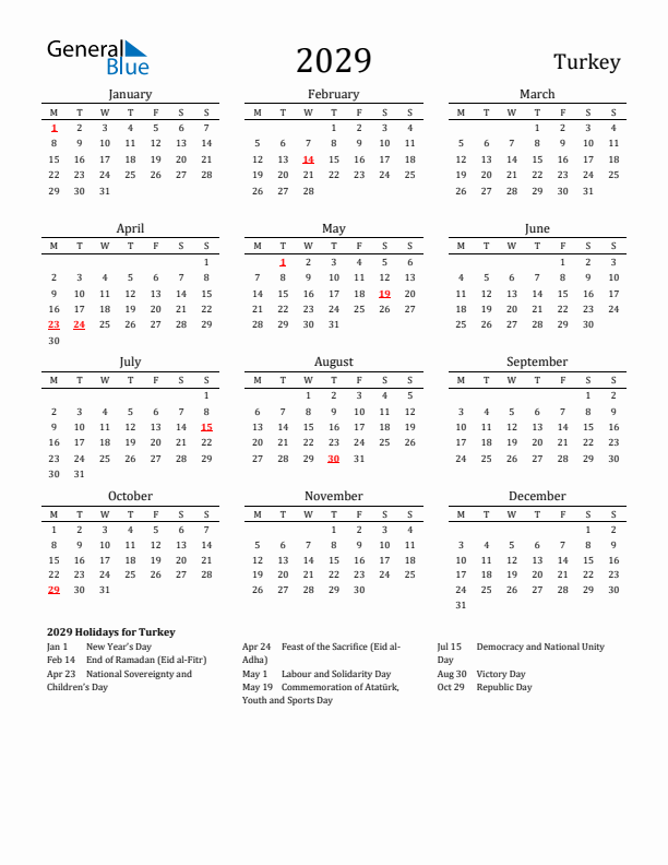 Turkey Holidays Calendar for 2029