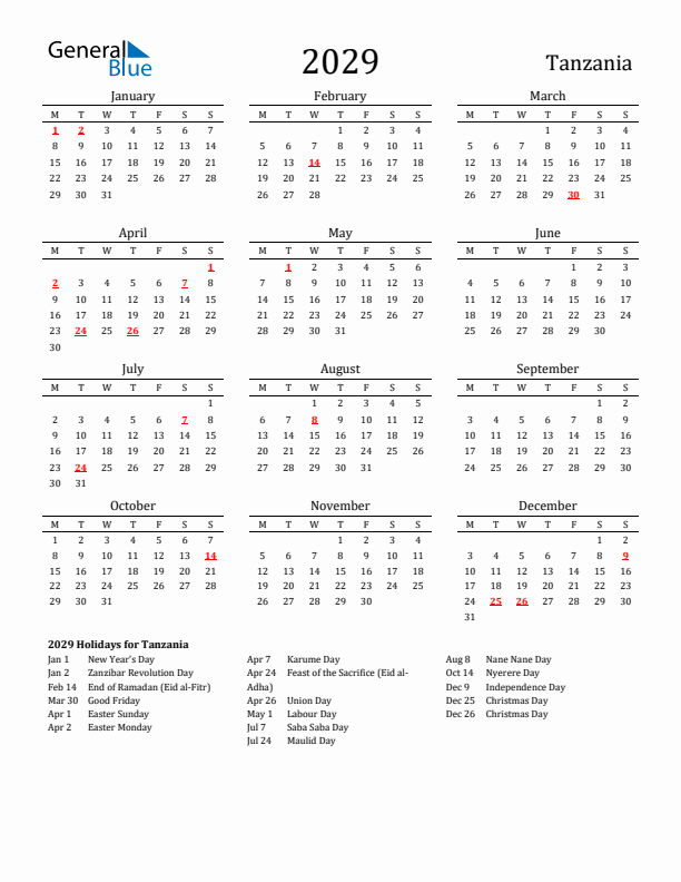 Tanzania Holidays Calendar for 2029
