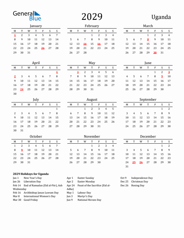 Uganda Holidays Calendar for 2029