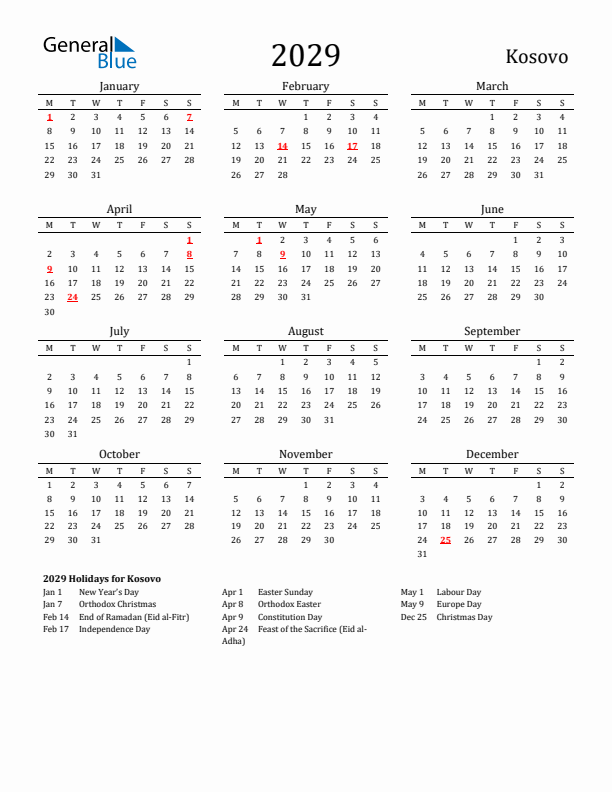 Kosovo Holidays Calendar for 2029
