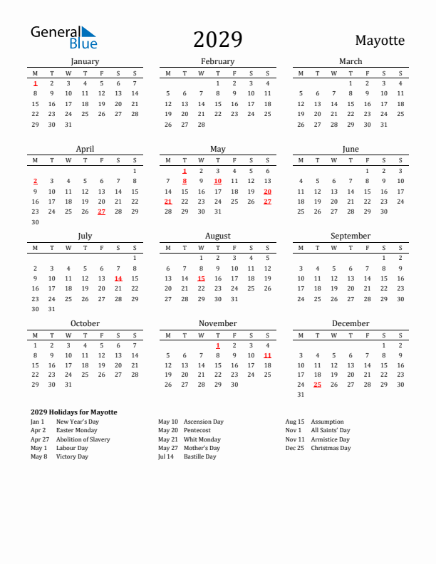 Mayotte Holidays Calendar for 2029