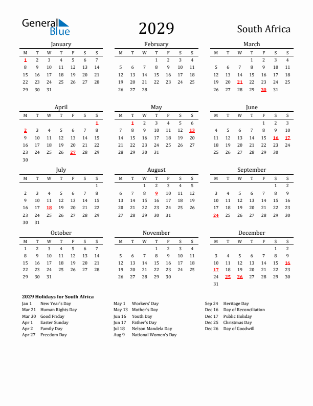 South Africa Holidays Calendar for 2029