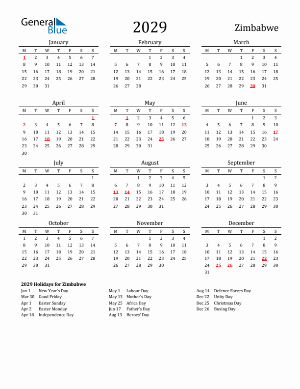 Zimbabwe Holidays Calendar for 2029