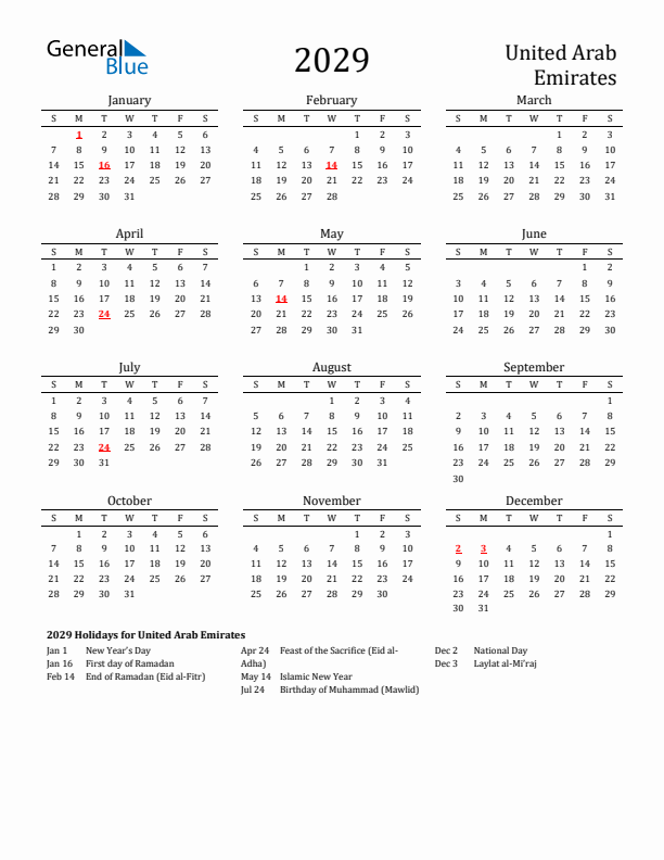 United Arab Emirates Holidays Calendar for 2029