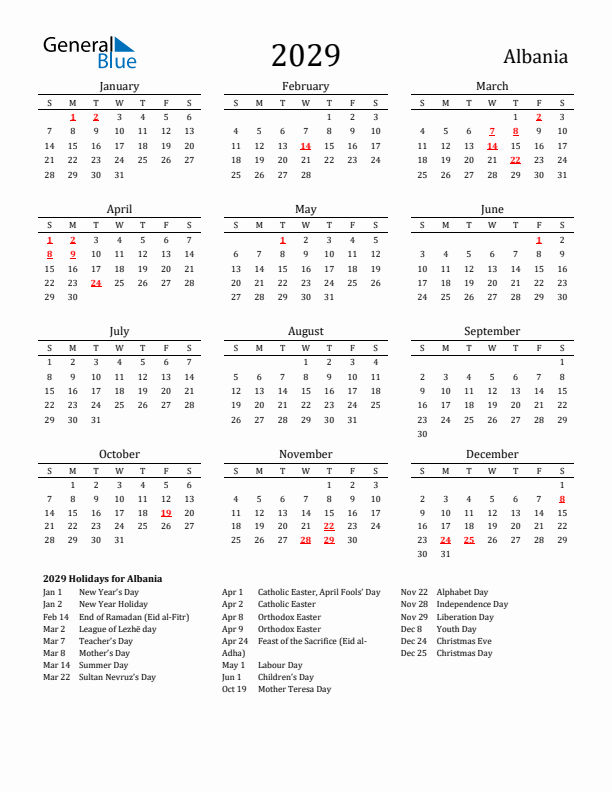 Albania Holidays Calendar for 2029