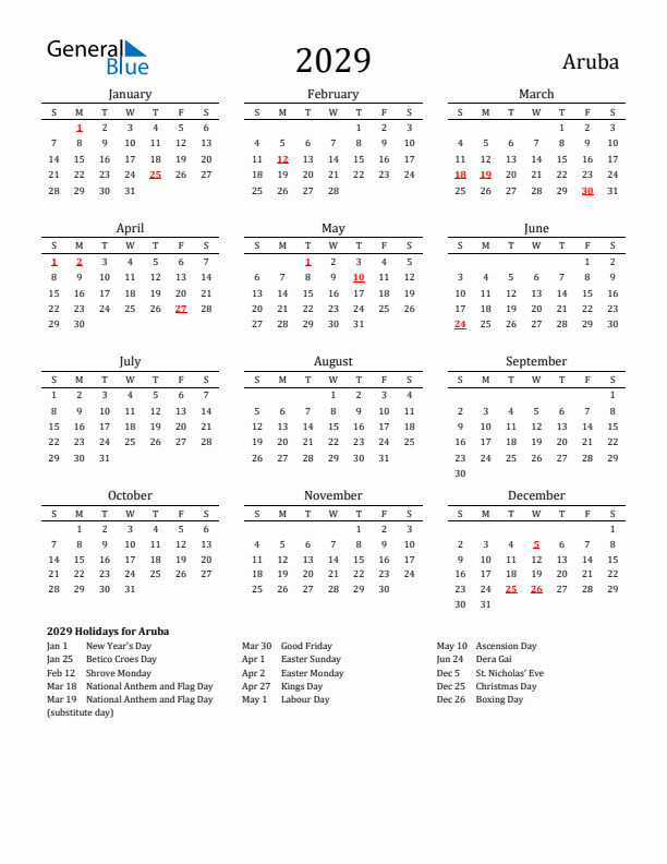 Aruba Holidays Calendar for 2029
