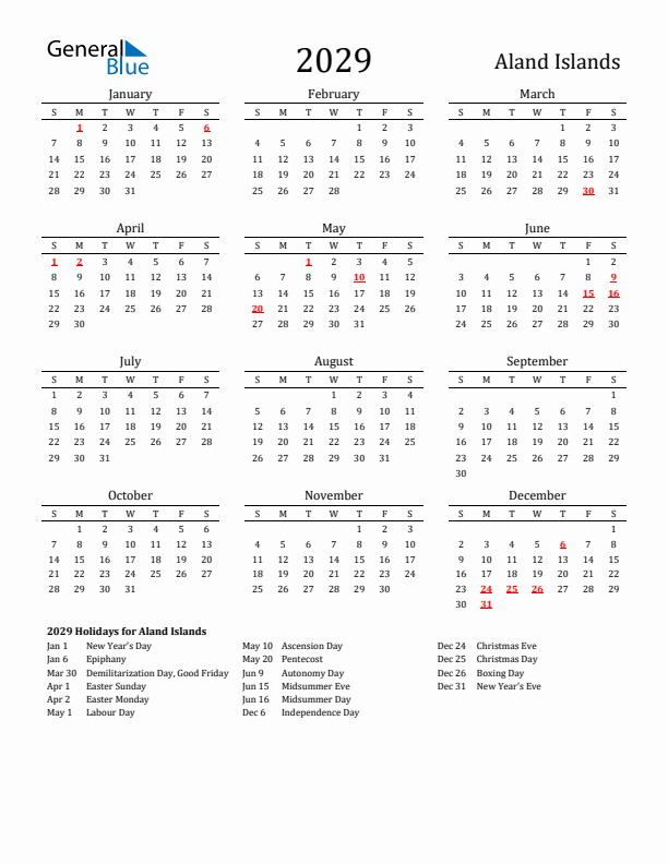 Aland Islands Holidays Calendar for 2029