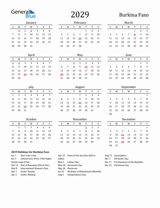 Burkina Faso Holidays Calendar for 2029
