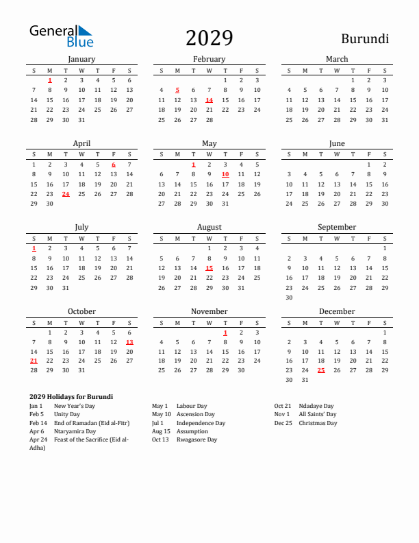 Burundi Holidays Calendar for 2029