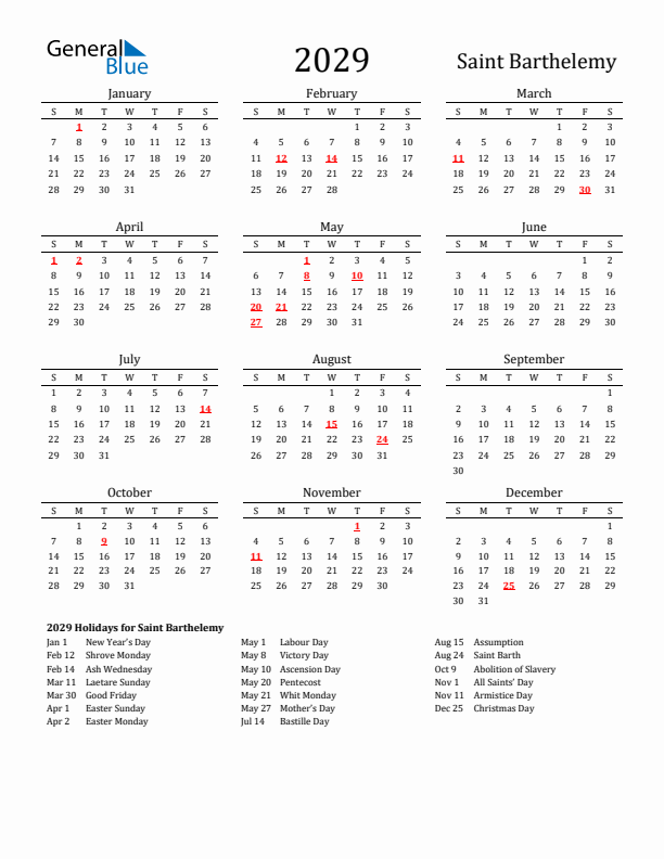 Saint Barthelemy Holidays Calendar for 2029