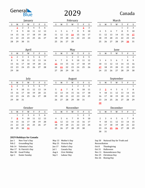 Canada Holidays Calendar for 2029
