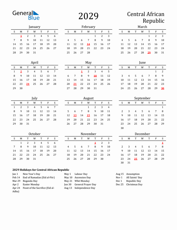 Central African Republic Holidays Calendar for 2029
