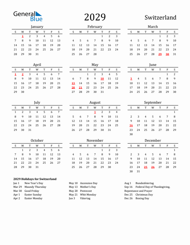 Switzerland Holidays Calendar for 2029