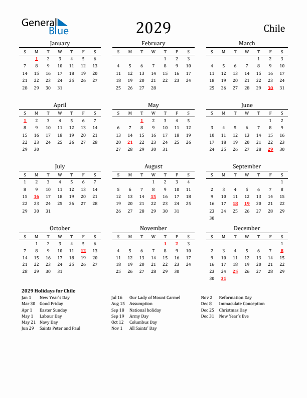 Chile Holidays Calendar for 2029
