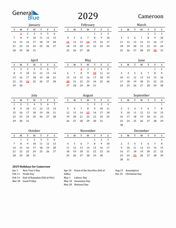 Cameroon Holidays Calendar for 2029