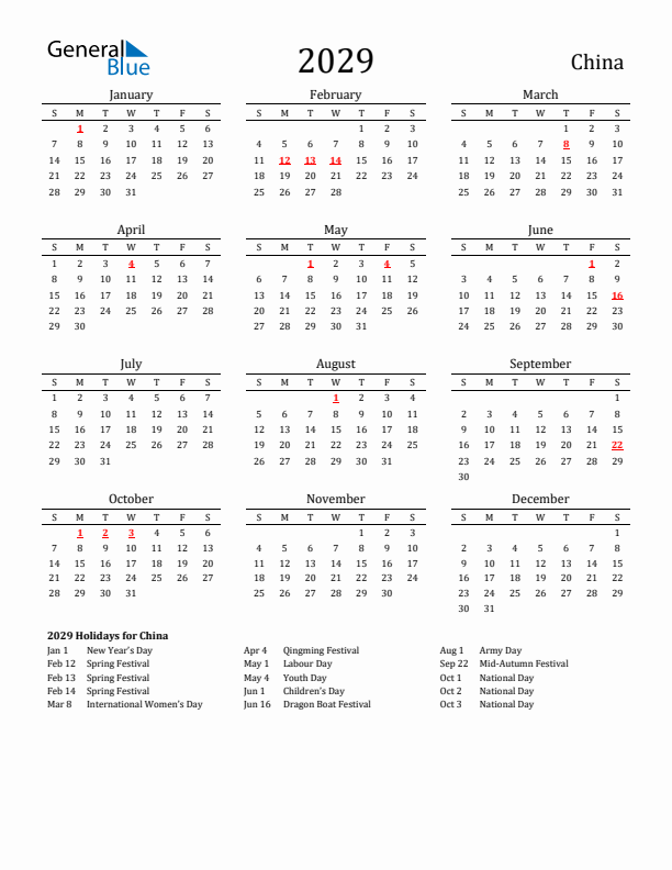China Holidays Calendar for 2029