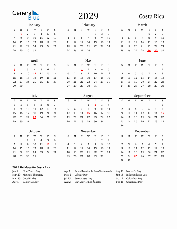 Costa Rica Holidays Calendar for 2029