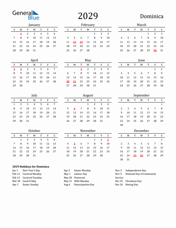 Dominica Holidays Calendar for 2029