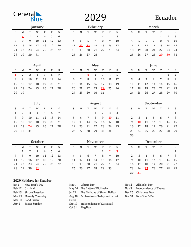 Ecuador Holidays Calendar for 2029