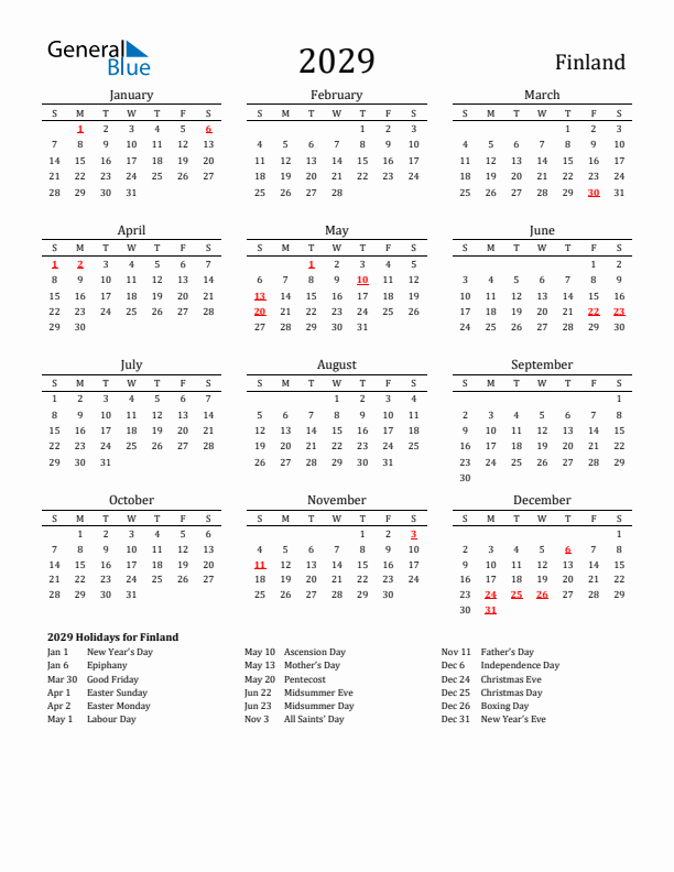 Finland Holidays Calendar for 2029