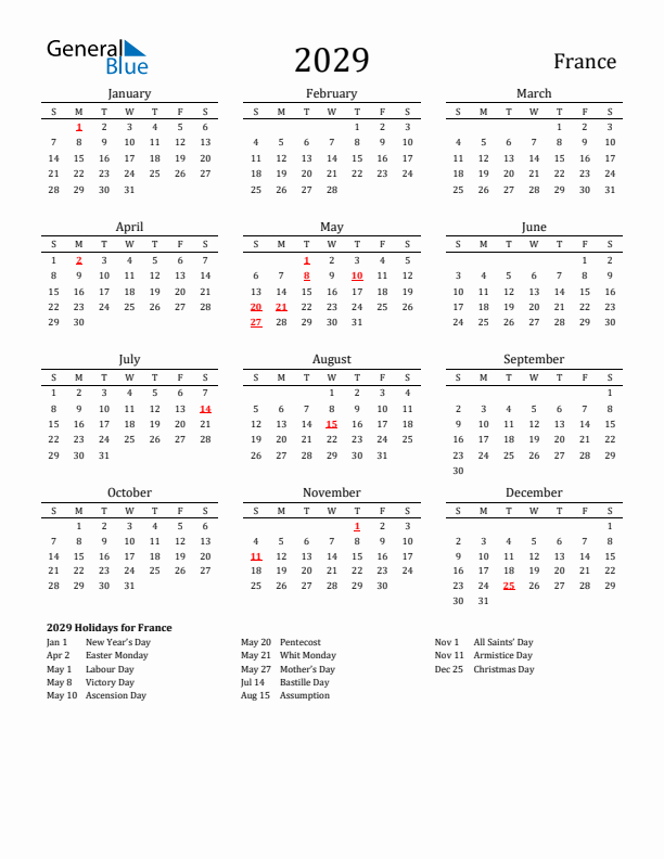 France Holidays Calendar for 2029