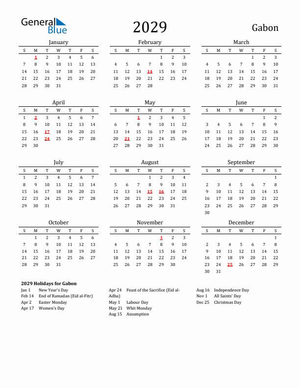 Gabon Holidays Calendar for 2029