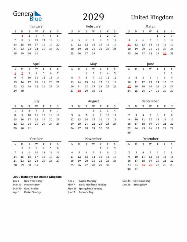 United Kingdom Holidays Calendar for 2029